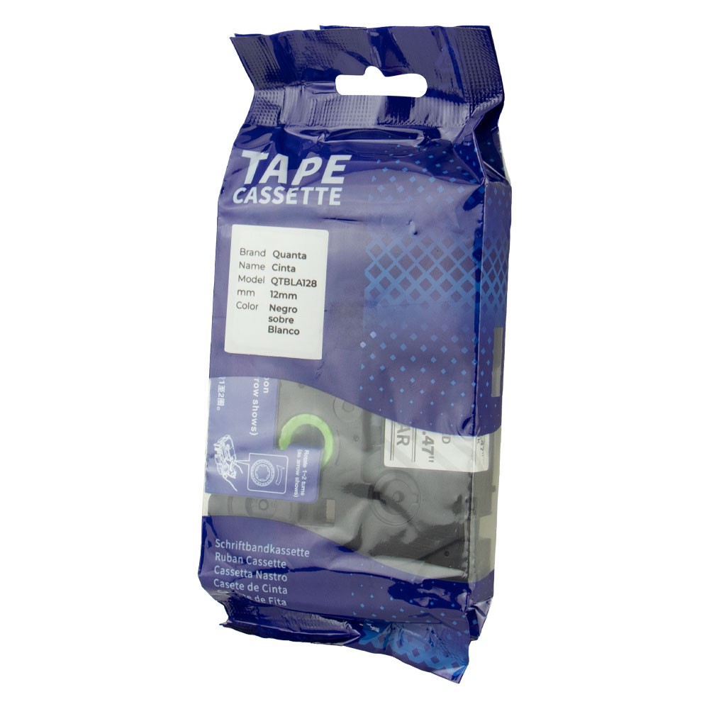Fita Adesiva Para Rotuladora Quanta QTBLA128 12mm Preto No Branco Fita Laminada Compatível Alta Resistência Etiquetadora Profissional