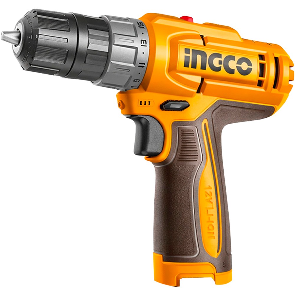 Furadeira Parafusadeira Ingco CDLI12206 12V Bateria Íon-Lítio 1500RPM 20Nm Mandril 10mm Kit Completo Profissional Preto Laranja
