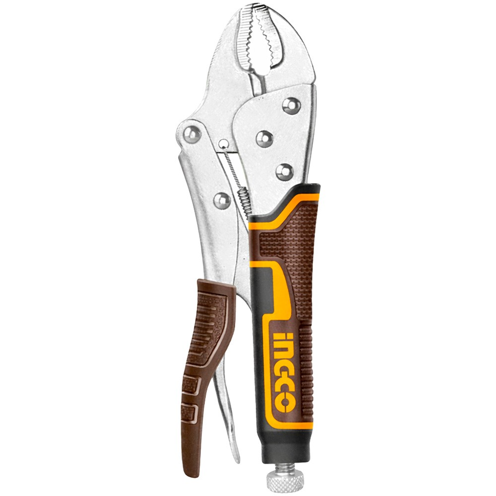 Alicate de Pressão Ingco HCJLW0210 Bico Curvo 10 Polegadas Aço Cr-V Ajustável Mordente Serrilhado Ferramenta Manual Profissional Marrom