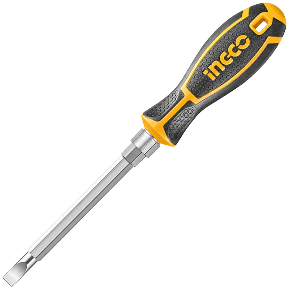 Chave de Fenda Ingco AKISD0201 2 em 1 Ponta Dupla PH2 SL6 Haste Ajustável Aço Cromo Vanádio Ergonômica Profissional Preto e Laranja