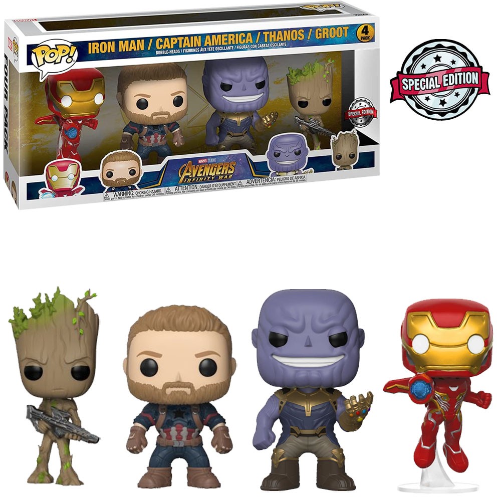 Boneco Funko Pop Marvel Avengers Infinity War Exclusivo Iron Man Captain America Thanos Groot 4 Pack Colecionável