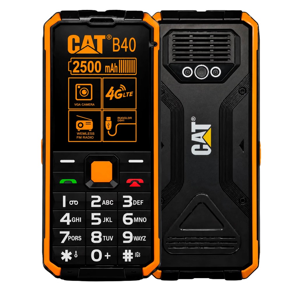 Celular Caterpillar Cat B40 4G Dual SIM Tela 2.4" IP68 Resistente à Água Poeira Quedas Bluetooth Lanterna Bateria Longa Duração Preto Laranj