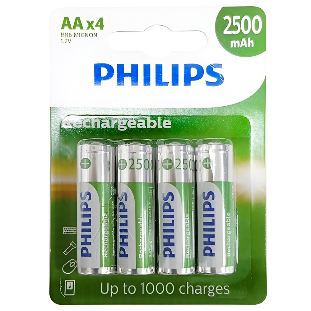 Pilhas Recarregáveis Philips AA R6B4RTU25/97 4 Pilhas 2500mAh NiMH Longa Duração Alta Performance Eco-Friendly