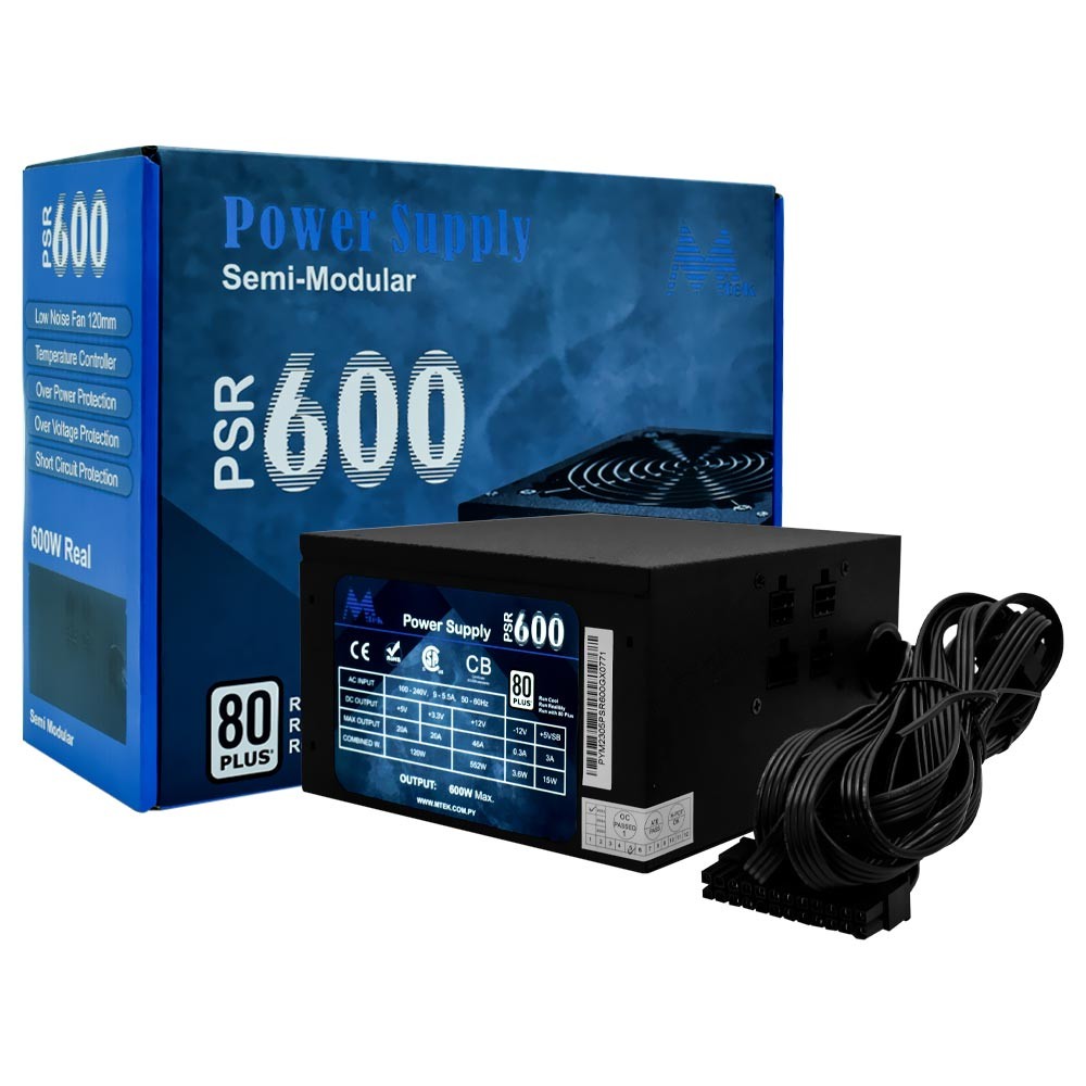 Fonte para PC Mtek PSR 600 600W 80 Plus Semi Modular Bivolt Preta