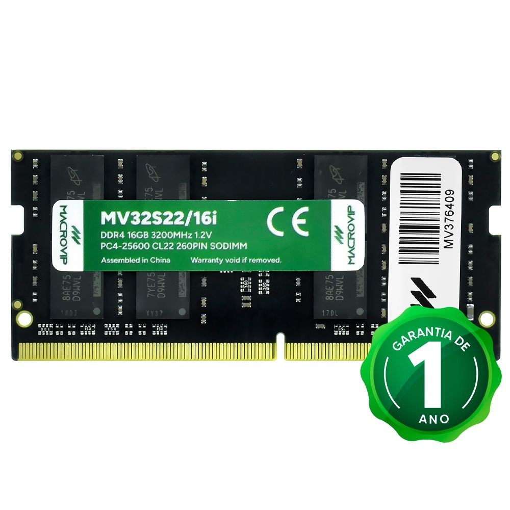 Memória RAM para Notebook Macrovip DDR4 16GB 3200MHz MV32S22/16I SODIMM SO-DIMM Alta Performance PC Laptop