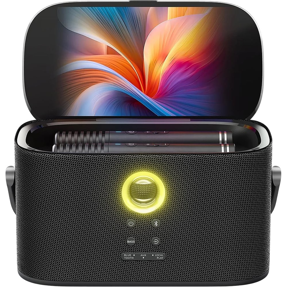 Caixa de Som Karaokê Joog Shell S2 140W Tela 8 Polegadas 2 Microfones Sem Fio Bluetooth Portátil Som Profissional Festa Eventos