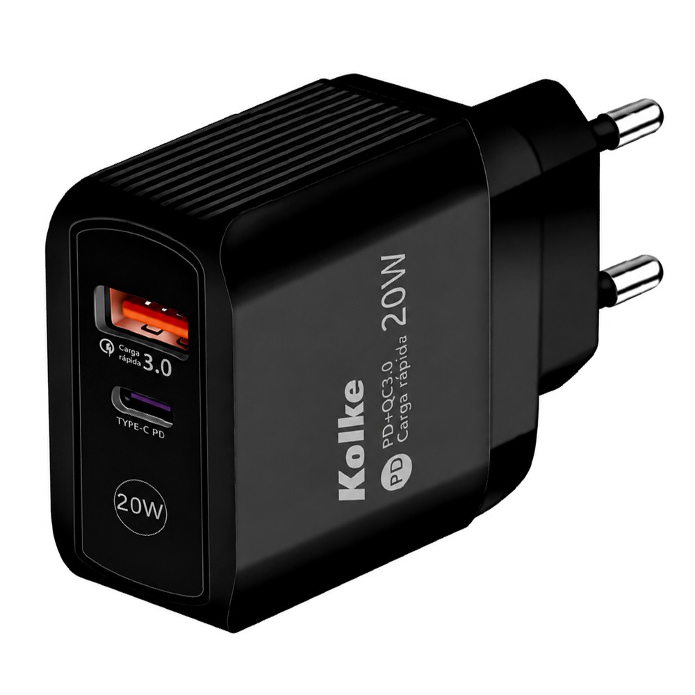 Carregador Tomada Kolke KCR-2749 USB 3.0 20W USB-C Preto Cabo USB-C 1M Rápido Compacto Portátil
