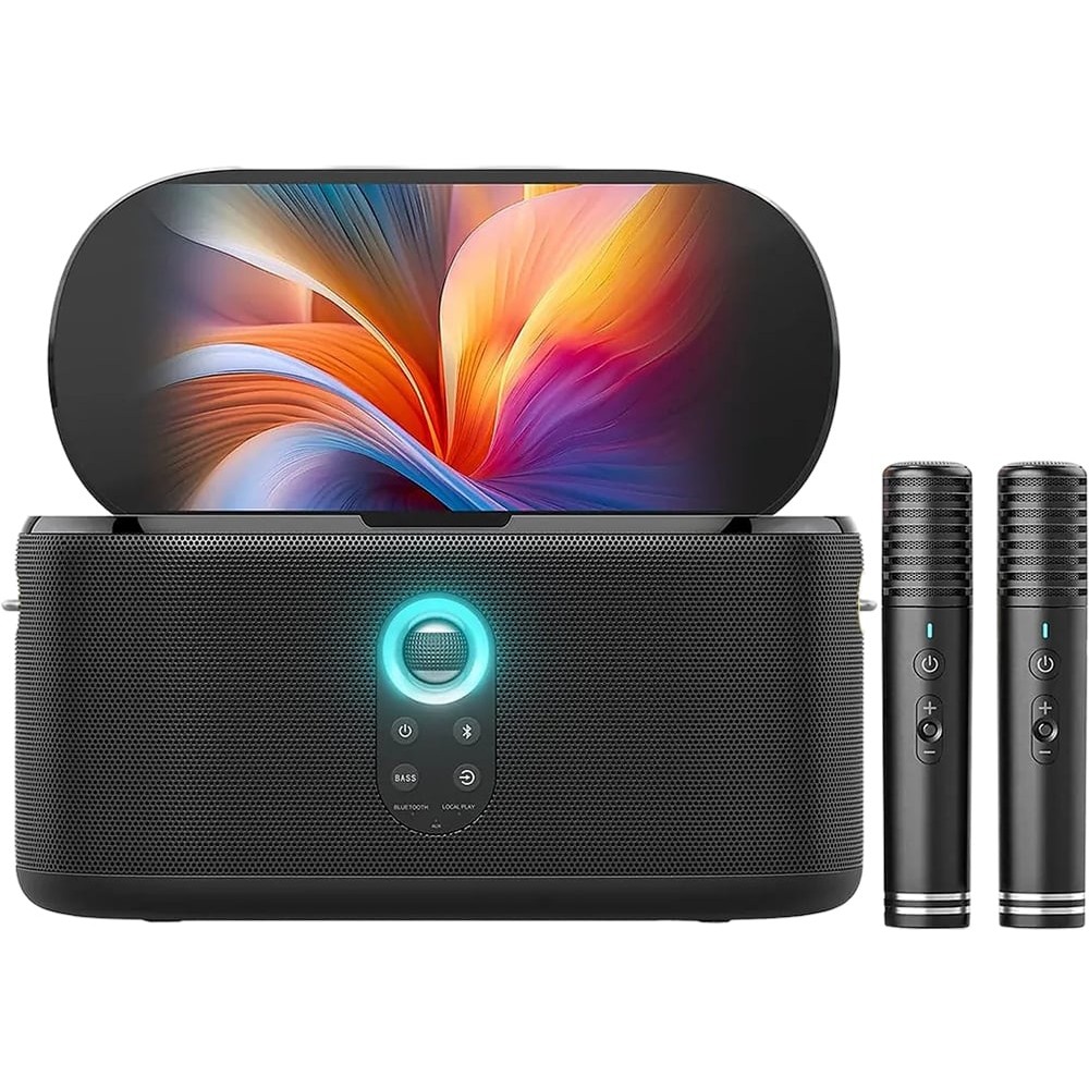 Caixa de Som Karaokê Joog Shell S1 280W Tela 10.1 Polegadas 2 Microfones Sem Fio Bluetooth Portátil Som Profissional Festa Eventos