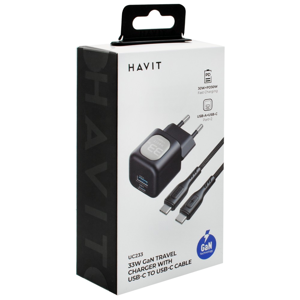 Carregador Tomada Havit UC233 33W USB USB-C Preto com Cabo USB-C Inclusa Rápido Compacto Portátil