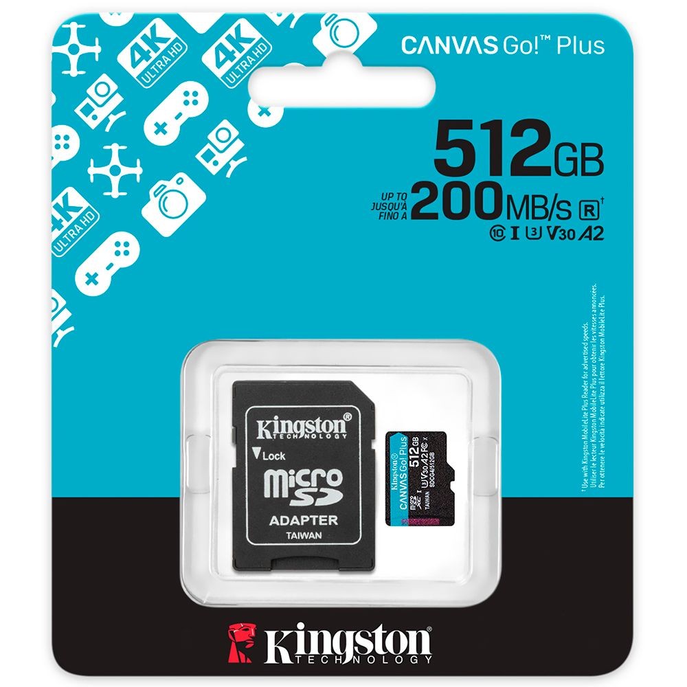 Cartão de Memória Micro SD Kingston Canvas Go Plus SDCG4/512GB 512GB U3 C10 V30 A2 Leitura 170MB/s 4K UHD com Adaptador SD