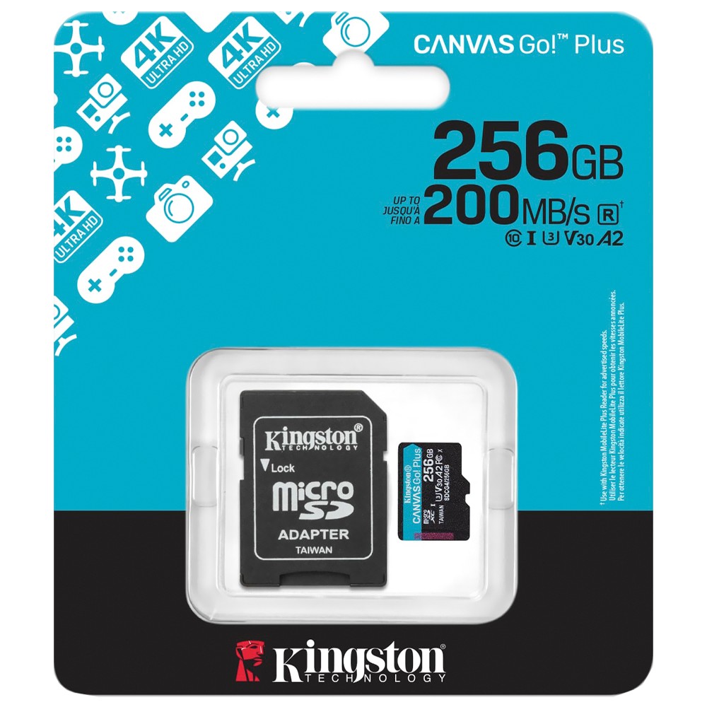 Cartão de Memória 256GB Kingston Canvas Go Plus MicroSD U3 4K Adaptador