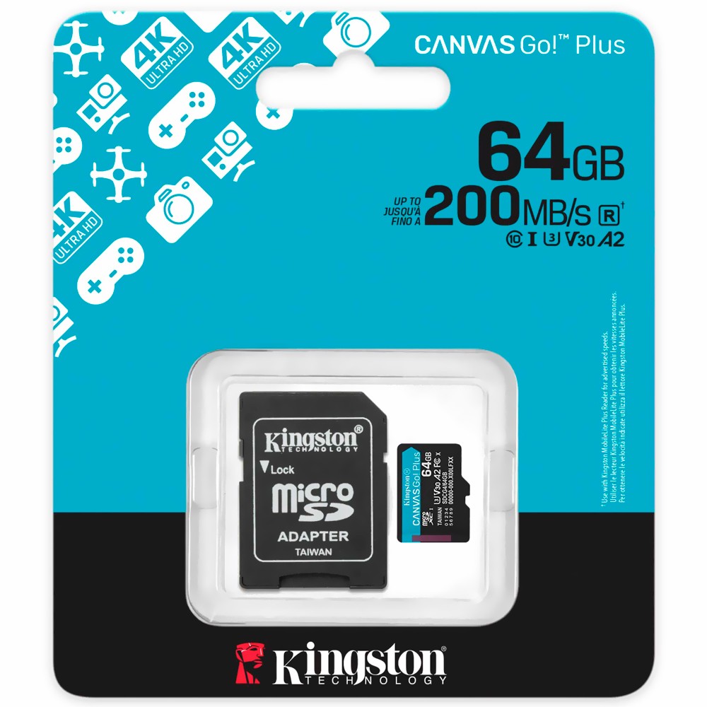 Cartão de Memória MicroSD 64GB Kingston Canvas Go Plus V30 Adaptador SD
