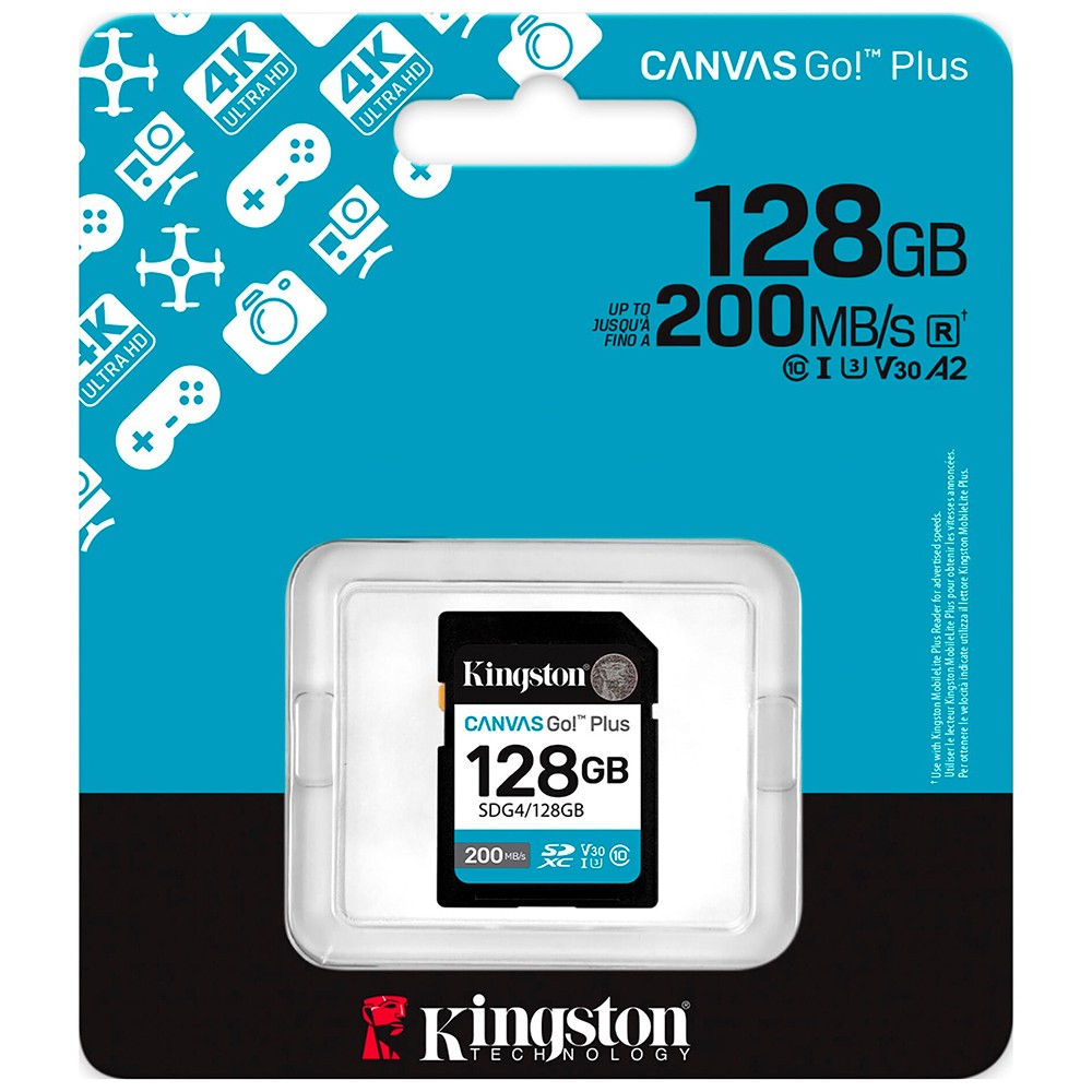 Cartão de Memória MicroSD Kingston Canvas Go Plus 128GB 4K Adaptador SD