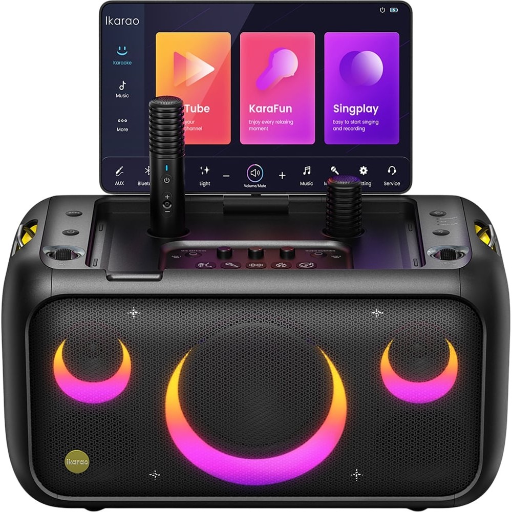 Caixa de Som Karaokê Joog Break X1 460W Tela 13,1 Polegadas 2 Microfones Sem Fio Bluetooth Portátil Som Profissional Festa Eventos