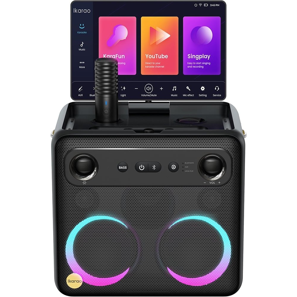 Caixa de Som Karaokê Joog Break X2 300W Tela 10.1 Polegadas 2 Microfones Sem Fio Bluetooth USB Portátil Som Profissional Festa Eventos