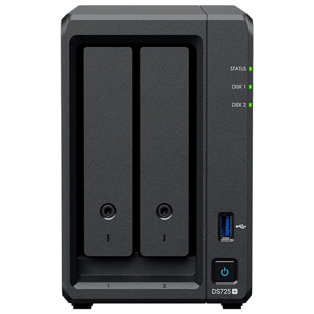 Servidor NAS Storage Synology DiskStation DS725+ AMD Ryzen R1600 2 Baias 2.6GHz USB 3.2 LAN Gigabit Preto Cloud Backup Profissional