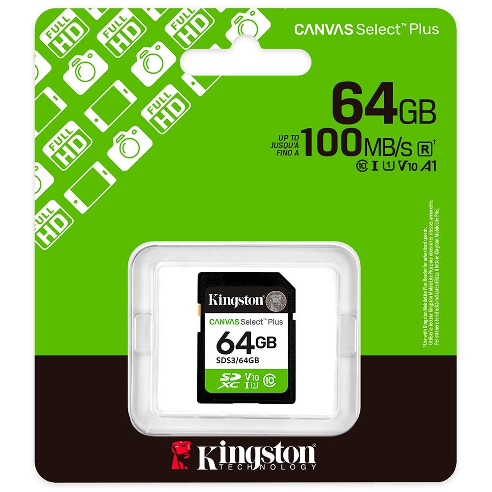 Cartão de Memória Kingston Canvas Select Plus 64GB SDS3/64GB SDXC UHS-I Classe 10 100MB/s Full HD