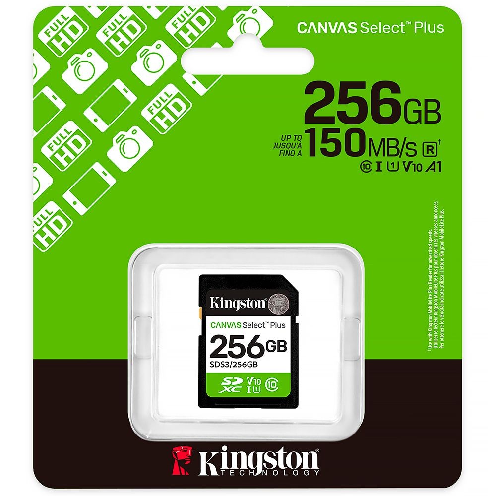Cartão de Memória SD Kingston Canvas Select Plus C10 256GB SDS3/256GB Classe 10 UHS-I 100MB/s Full HD Original