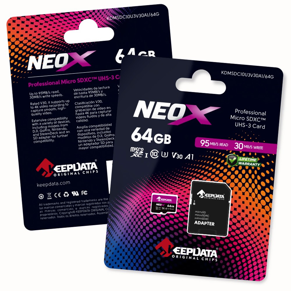 Cartão de Memória MicroSD 64GB Keepdata Neox Classe 10 U3 V30 com Adaptador