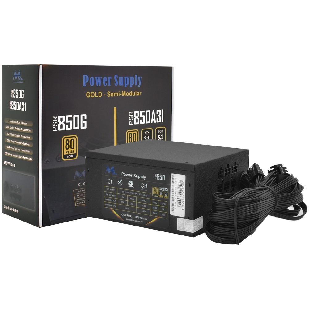 Fonte para PC Gamer Mtek 850W ATX 3.1 Semi Modular 80 Plus Gold Bivolt