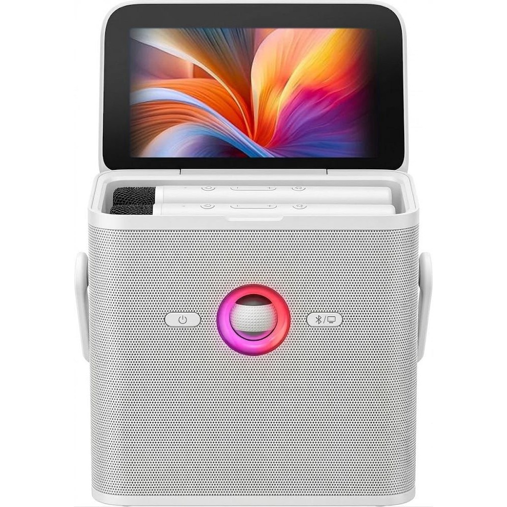 Caixa de Som Karaokê Joog Shell S3 80W Tela 7 Polegadas 2 Microfones Sem Fio Bluetooth Portátil Som Profissional Branco