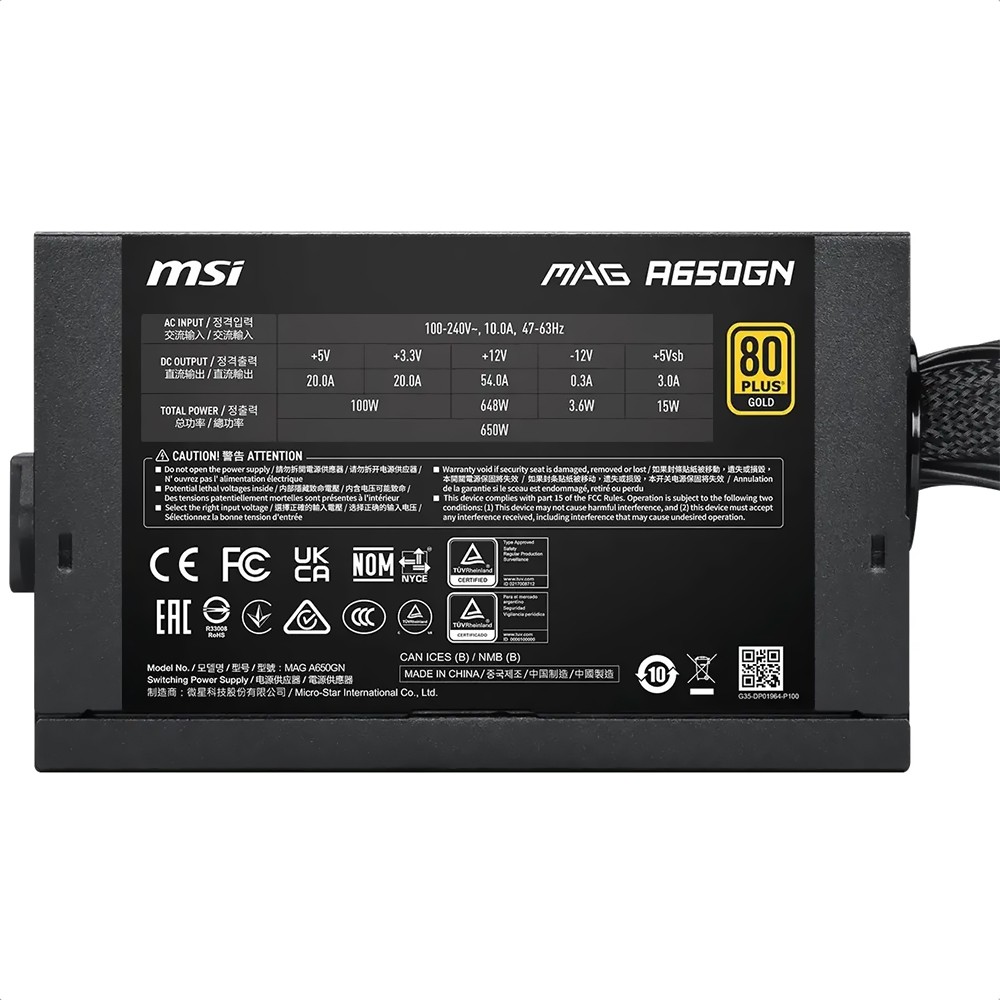 Fonte Gamer MSI MAG A650BN 650W 80 Plus Bronze PFC Ativo Bivolt Preto
