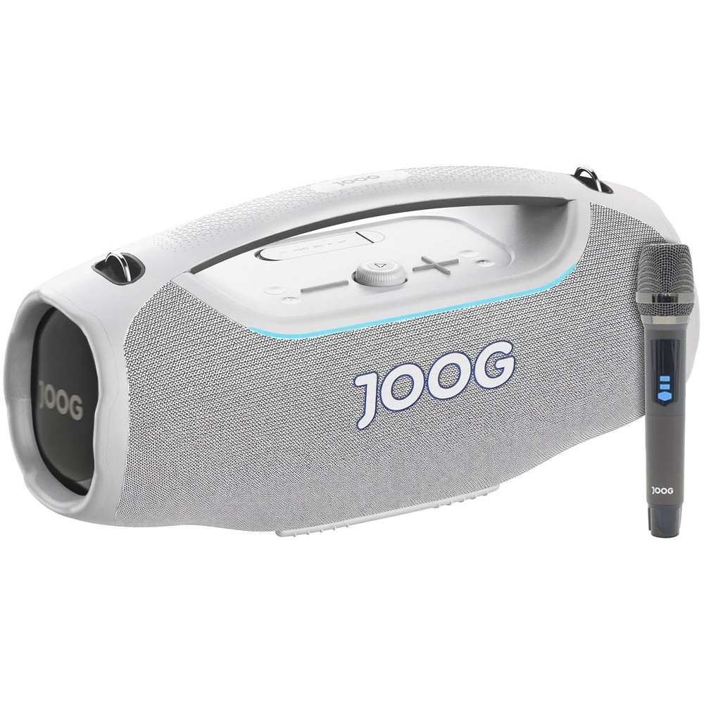 Caixa de Som Joog Pair Ultra 450W Bluetooth TWS Auracast IPX5 Microfone Sem Fio Incluso Som Potente Branco Portátil Festa Karaoke