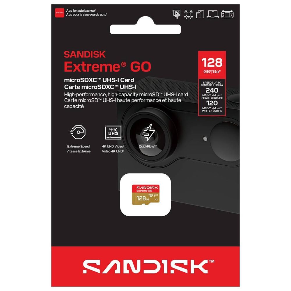 Cartão de Memória Micro SD SanDisk Extreme Go 128GB SDSQXGN-128G-GN6MN V30 A2 4K UHD Leitura 200MB/s Com Adaptador SD