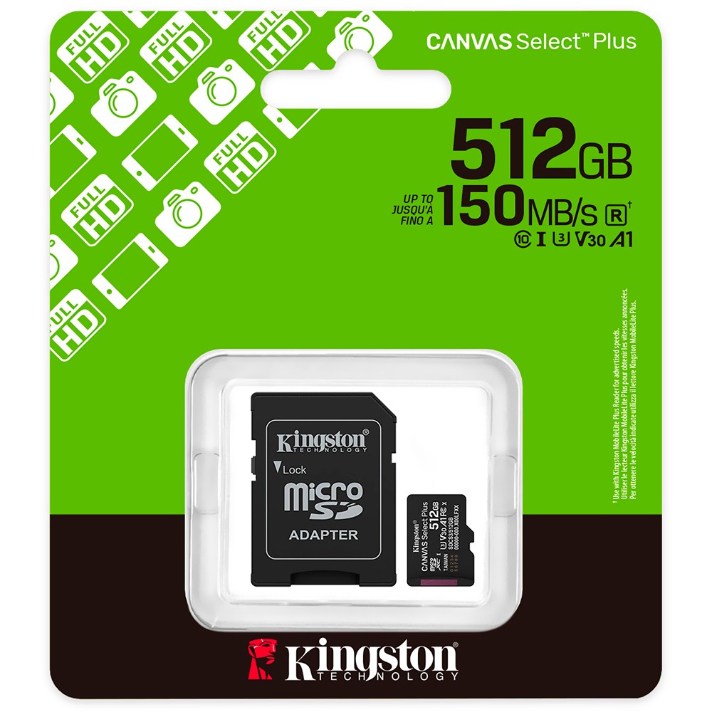 Cartão de Memória Micro SD Kingston 512GB Canvas Select Plus 100MBs