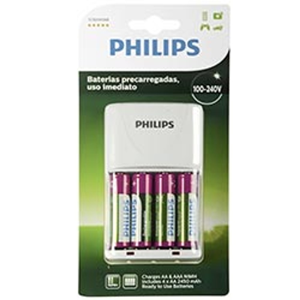 Carregador de Pilhas Philips SCB2445NB com 4 Pilhas AA Recarregáveis 2400mAh NiMH Bivolt Inteligente Segurança