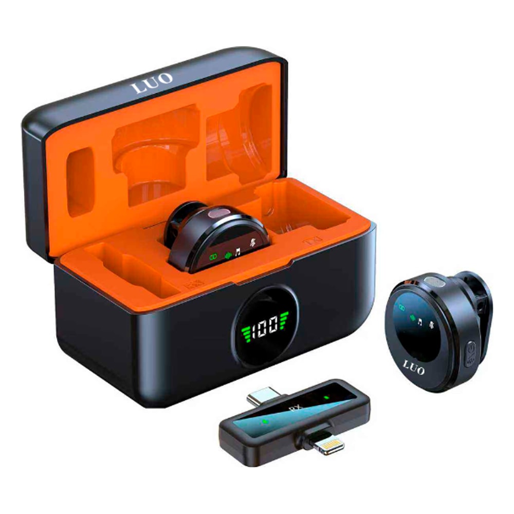 Microfone Sem Fio Luo LU-B29 para Smartphone / 2 Microfones / USB-C e Lightning - Preto/Laranja