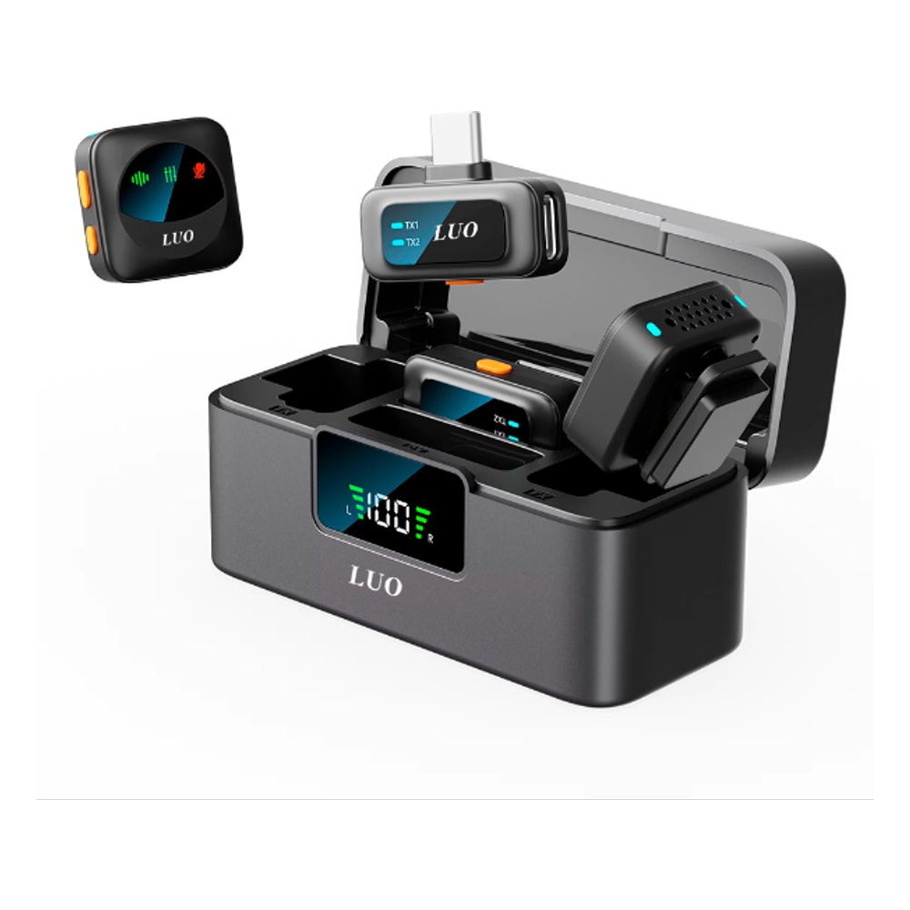 Microfone Sem Fio Luo LU-B27 para Smartphone / 2 Microfones / USB-C e Lightning - Preto