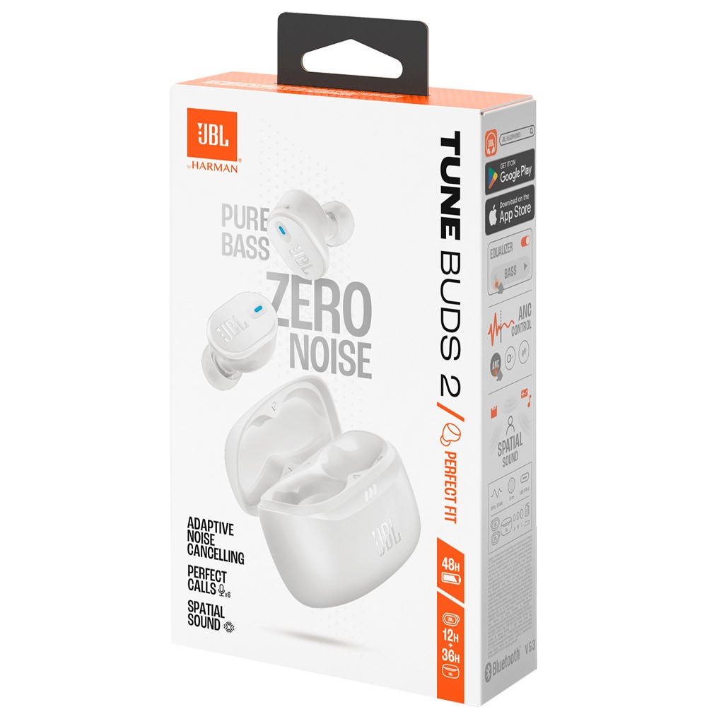 Fone de Ouvido Sem Fio JBL Tune Buds 2 Perfect Fit TWS Bluetooth 5.3 32h Bateria Microfone Estéreo Branco