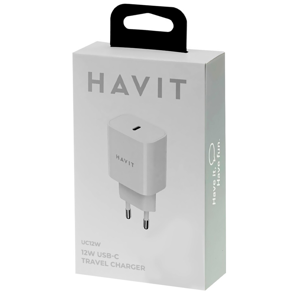 Carregador de Tomada Havit UC12W USB-C 12W Branco Compacto Rápido Portátil Compatível Smartphones Tablets