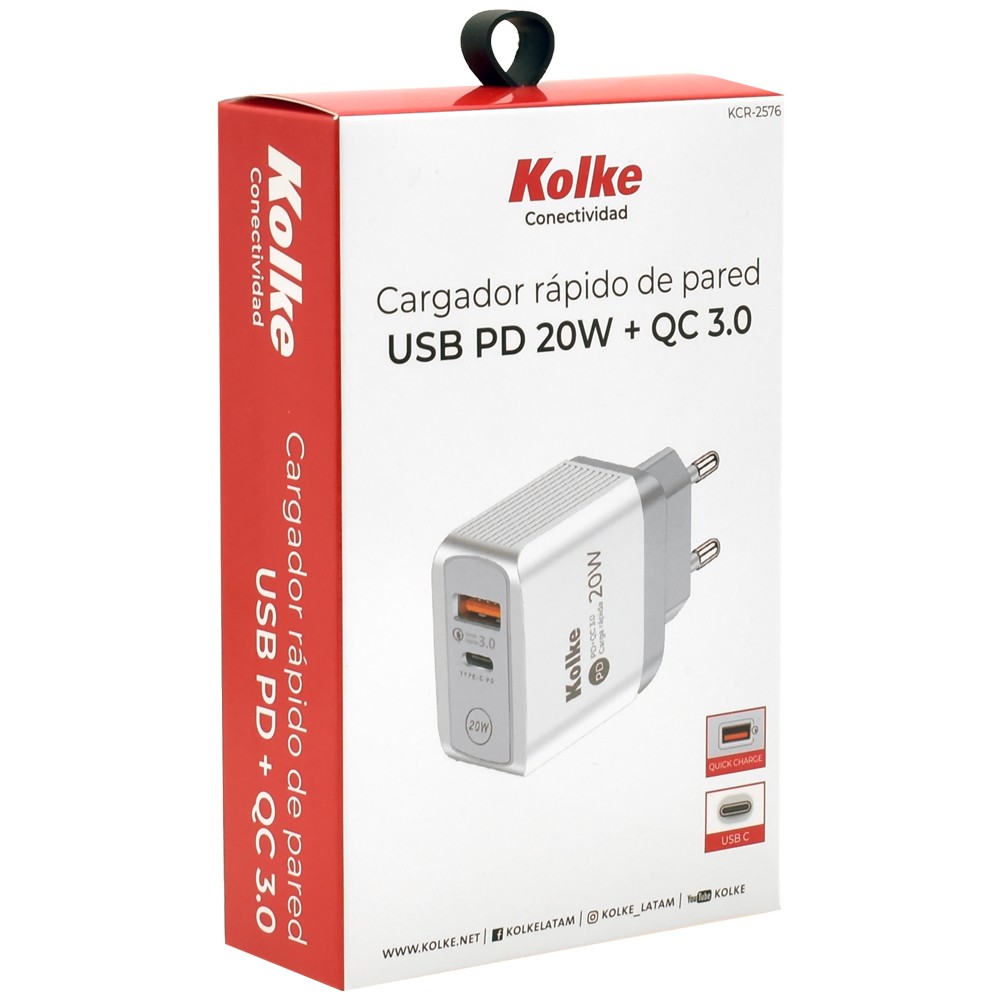 Carregador de Tomada Kolke KCR-2576 USB 3.0 USB-C 20W Branco Compacto Rápido Bivolt Portátil