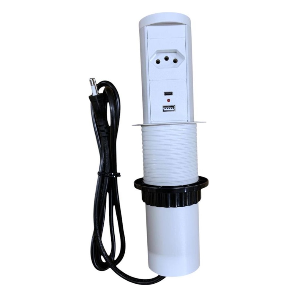 Torre de Tomada Automática Retrátil 9228 1 Tomada 2 USB Branca Bancada Mesa Escritório Push-to-Open Antichoque