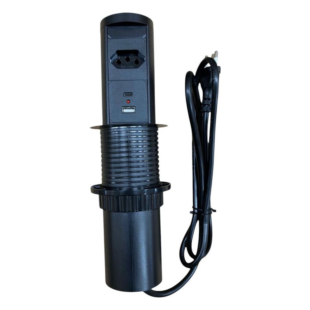 Torre de Tomada Automática BZN751-2U Retrátil para Bancada 1 Tomada 2 USB Preta Push-to-Open 10A 20A