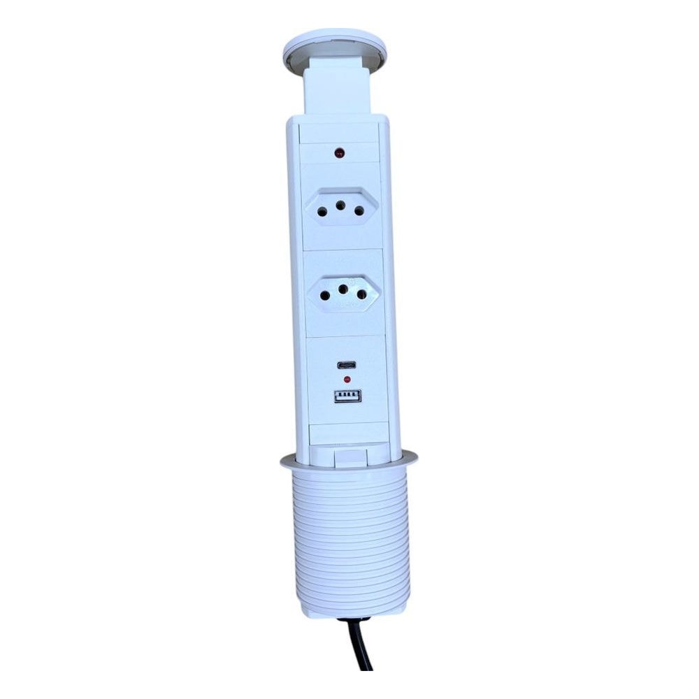 Torre de Tomada Retrátil Manual 2 Tomadas 2 USB Branca BZN712-2U Furo 60mm Bivolt 16A Embutir Mesa Escritório Cozinha