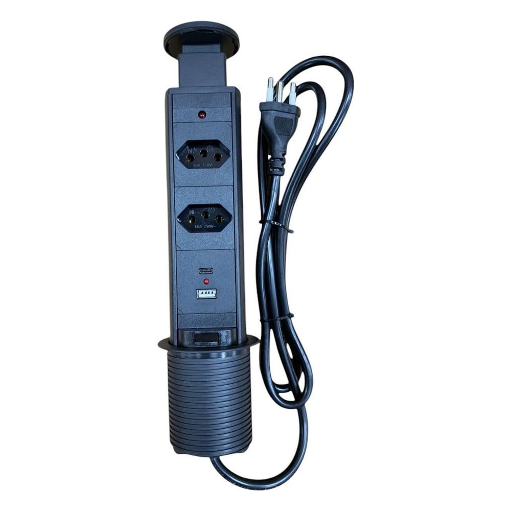 Torre de Tomada BZN712-2U Retrátil Manual 2 Tomadas 2 USB Preta Bivolt 16A 3500W para Mesa Escritório Bancada Cozinha