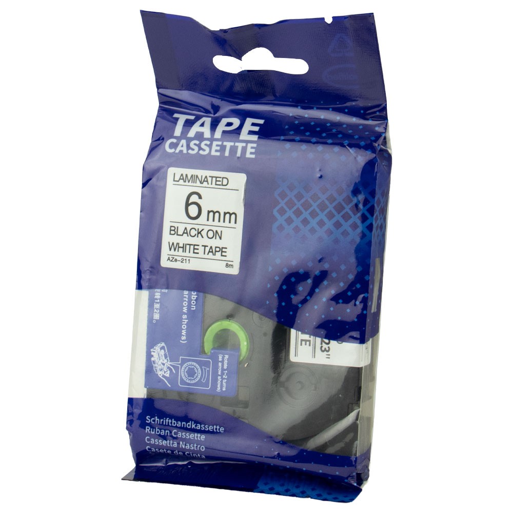 Fita Adesiva Para Rotuladora Brother AZE-211 6mm Preto No Branco Compatível Laminada Alta Resistência Etiquetadora Profissional
