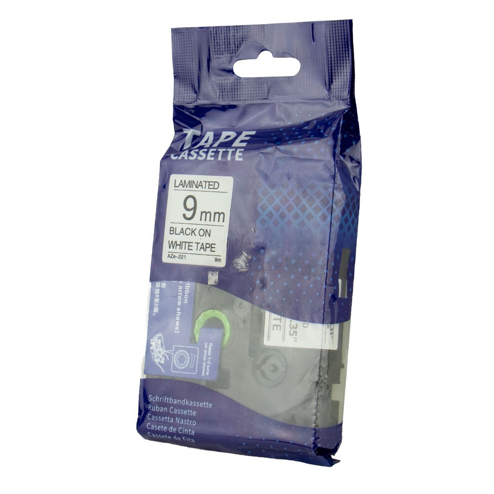 Fita Adesiva para Rotuladora Brother AZE-221 9mm Preto no Branco Compatível Fita Laminada Durável Etiquetadora Profissional Escritório Organ