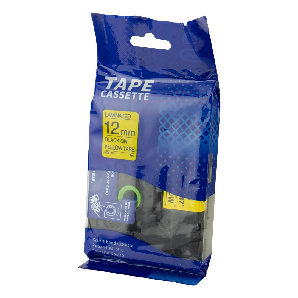 Fita Adesiva Brother AZE-631 12mm Preto no Amarelo Compatível Rotuladora P-Touch Laminada Resistente Alta Aderência Fita Cassete Reposição
