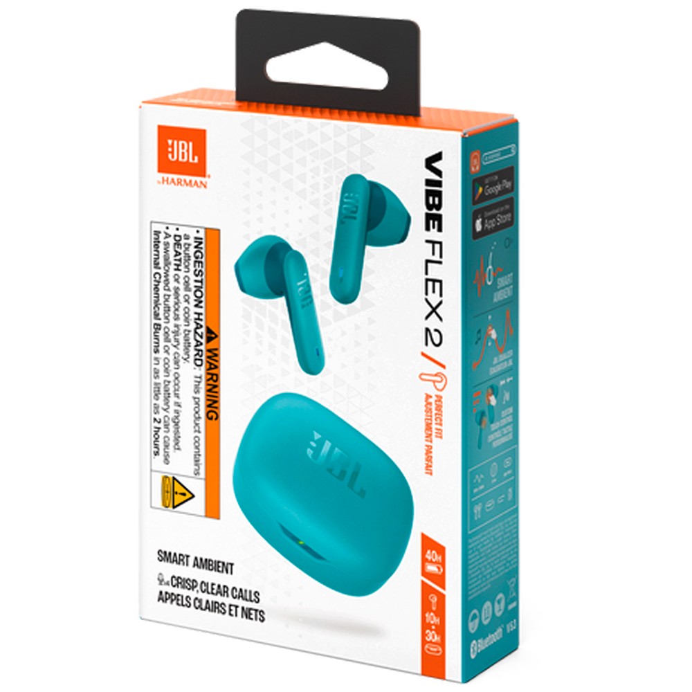 Fone de Ouvido Sem Fio JBL Vibe Flex 2 TWS Bluetooth 5.0 Perfeito Ajuste 20h Bateria Azul