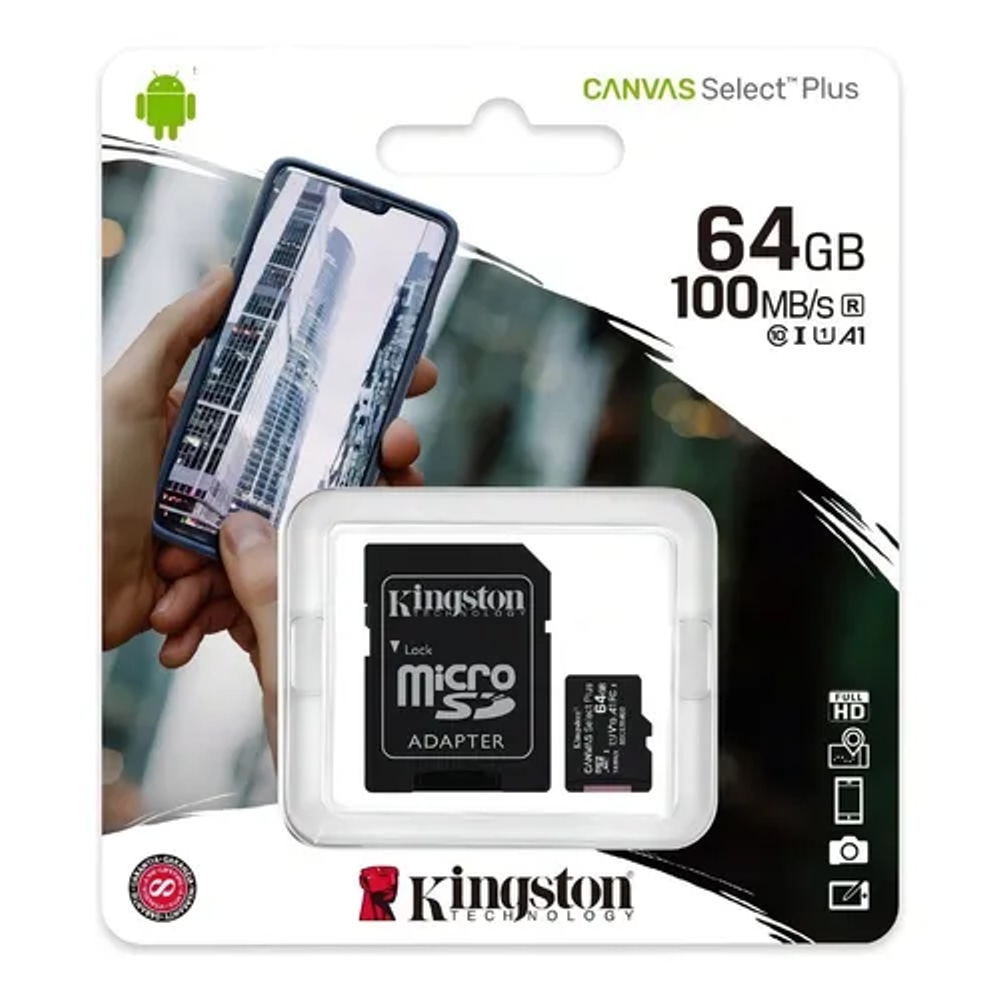 Cartão de Memória Micro SDXC Kingston 64GB Classe 10 Leitura 100MBs