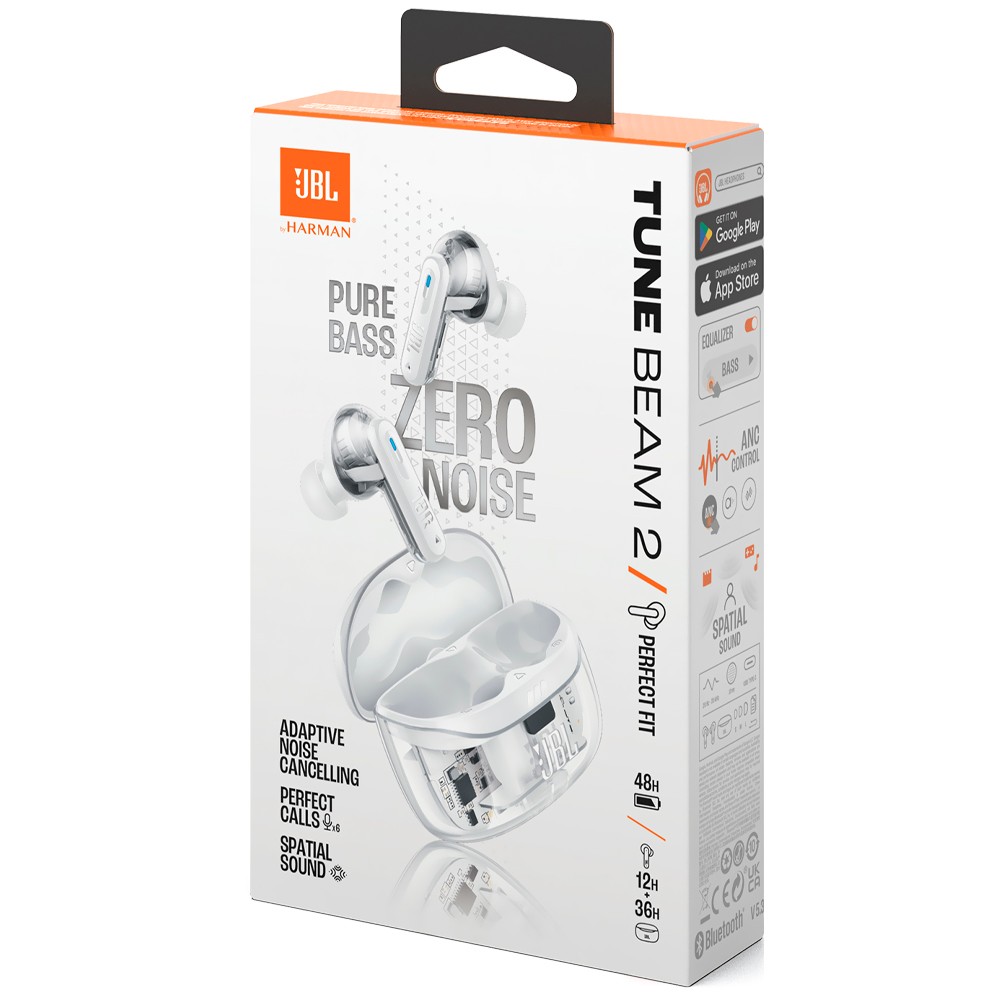 Fone de Ouvido Sem Fio JBL Tune Beam2 TWS Bluetooth 5.3 Ghost Branco Design Ergonomico Bateria 32h Microfone Integrado
