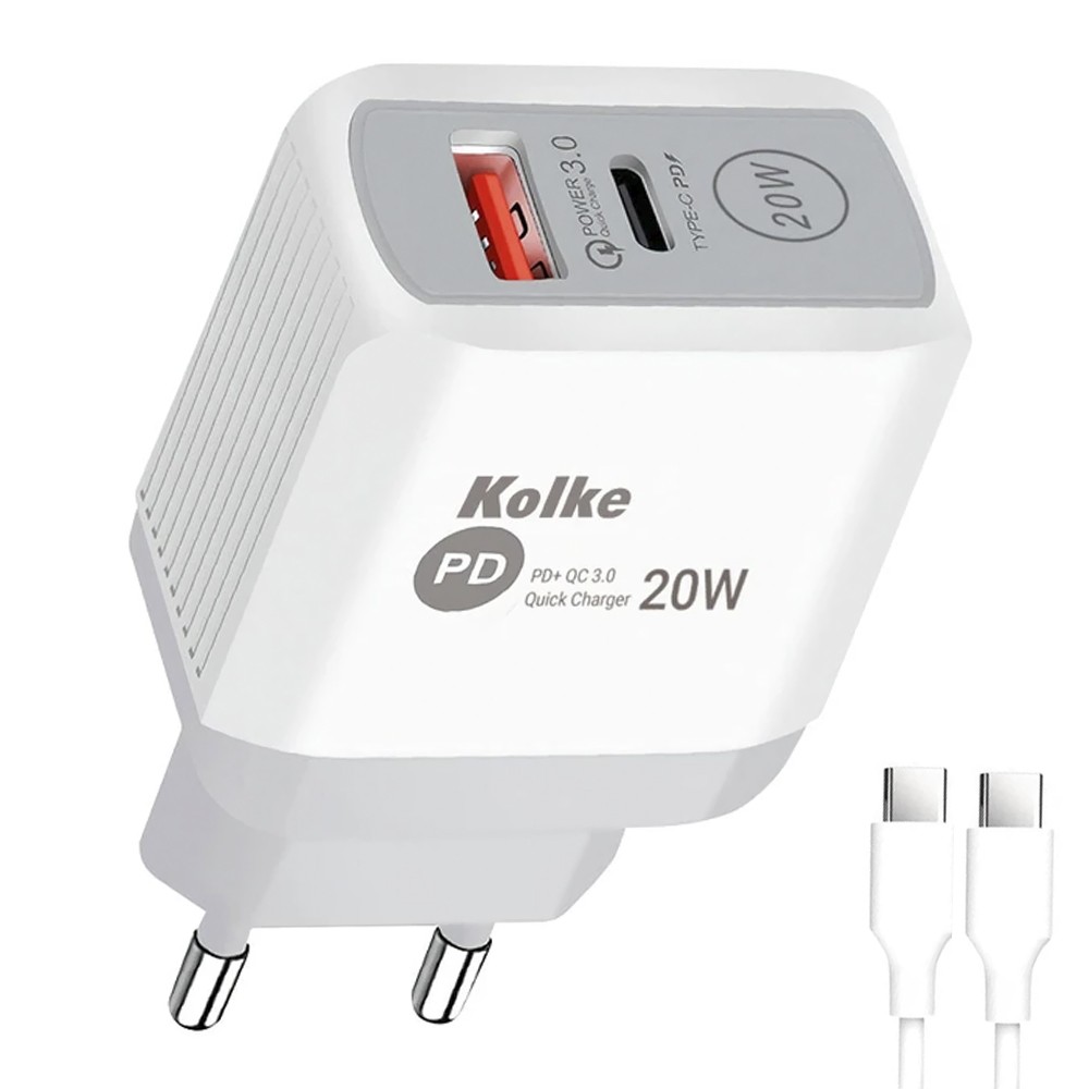Carregador Tomada Kolke KCR-2706 USB 3.0 USB-C 20W Branco Cinza Cabo USB-C 1M Rápido Compacto Portátil