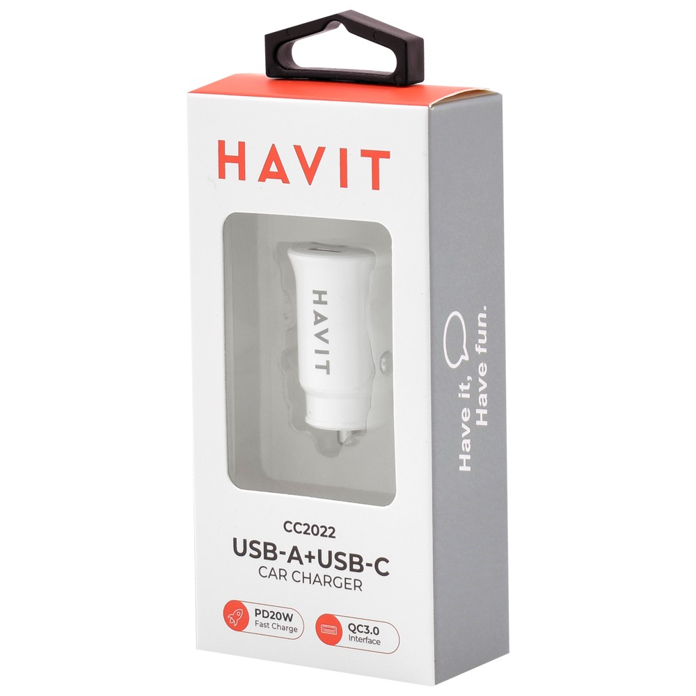 Carregador de Bateria Veicular Havit CC2022 20W USB USB-C Branco Rápido Compatível Smartphone Tablet Carro