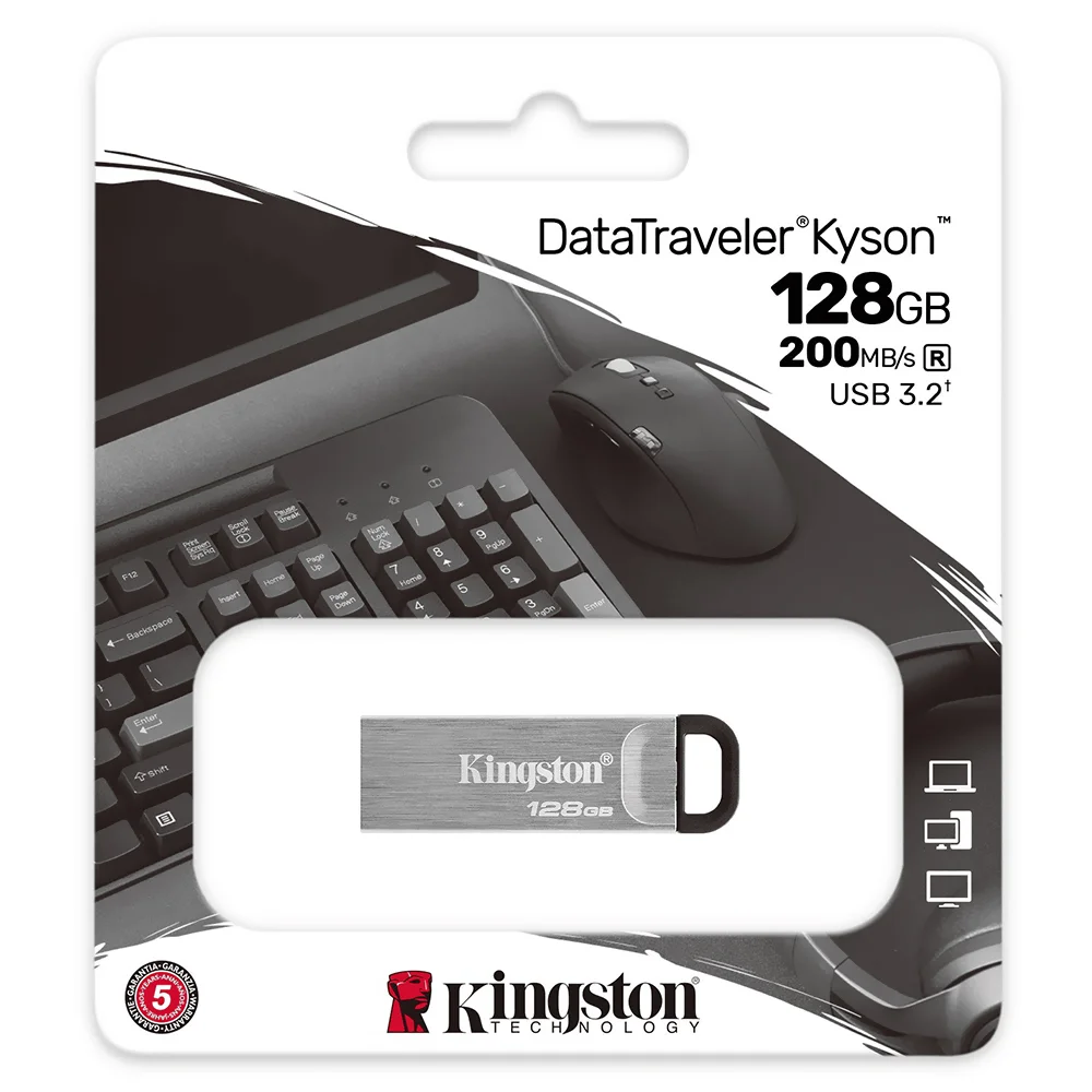 Pen Drive Kingston 128GB DataTraveler Kyson, USB 3.2 Gen 1, Leitura de 200MB/s, Metal - DTKN/128GB