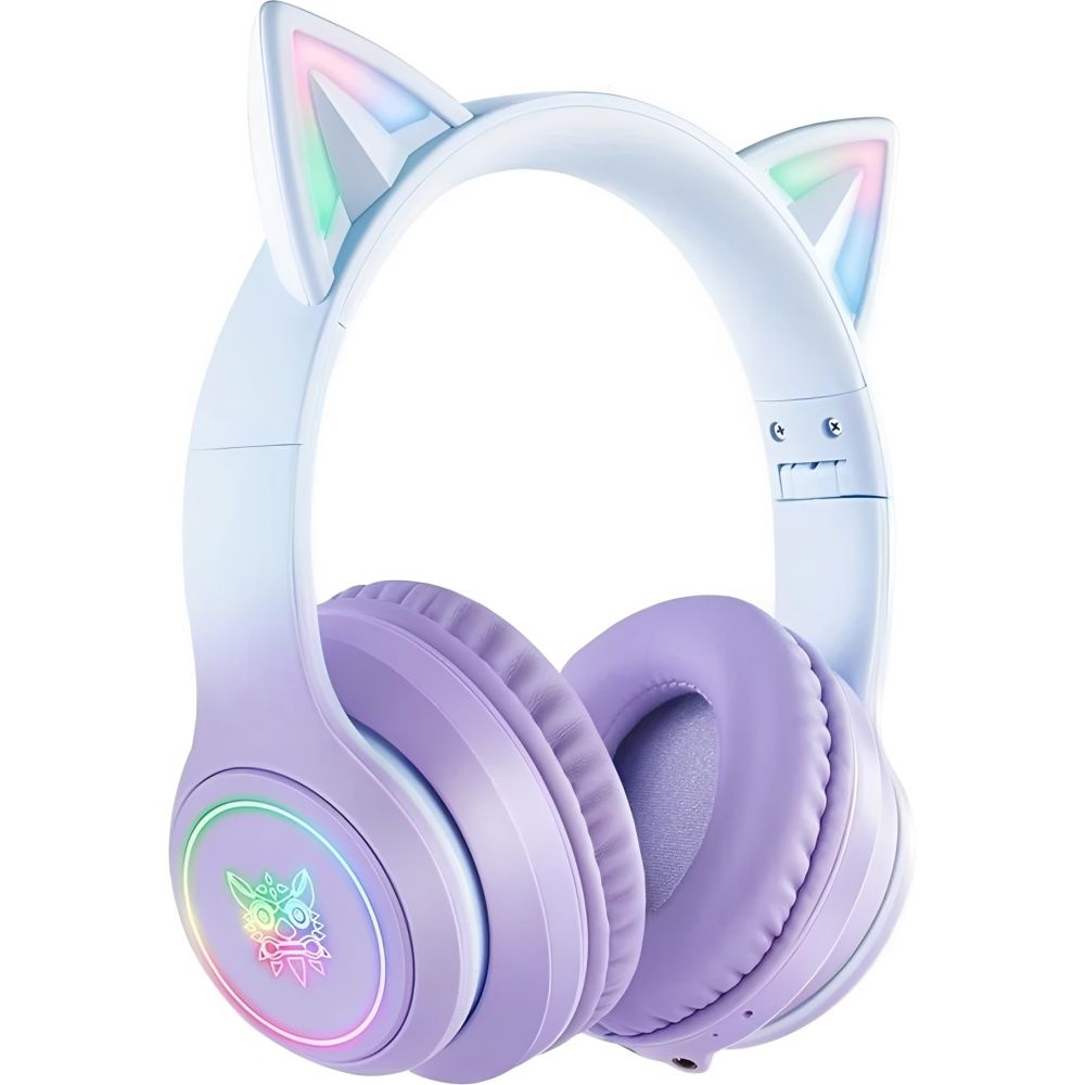 Fone de Ouvido Gamer Sem Fio Onikuma B90 RGB Orelhas de Gato Roxo