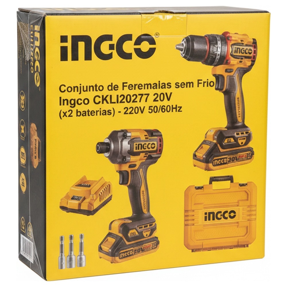 Conjunto de Ferramentas sem Fio Ingco CKLI20277 20V (x2 baterias) - 220V 50/60Hz